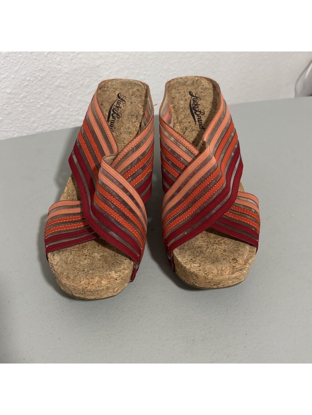 Lucky Brand Miller 2 Wedges Sz 7 Red Orange Mesh Straps Cork Wedge
